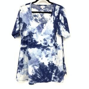 LuLaRoe Women's Tunic Top L Indigo Blue Tie Dye Bleach Wash Knotted Hem Shirt